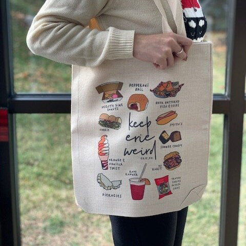 Tote bag with drawings of popular Erie snacks