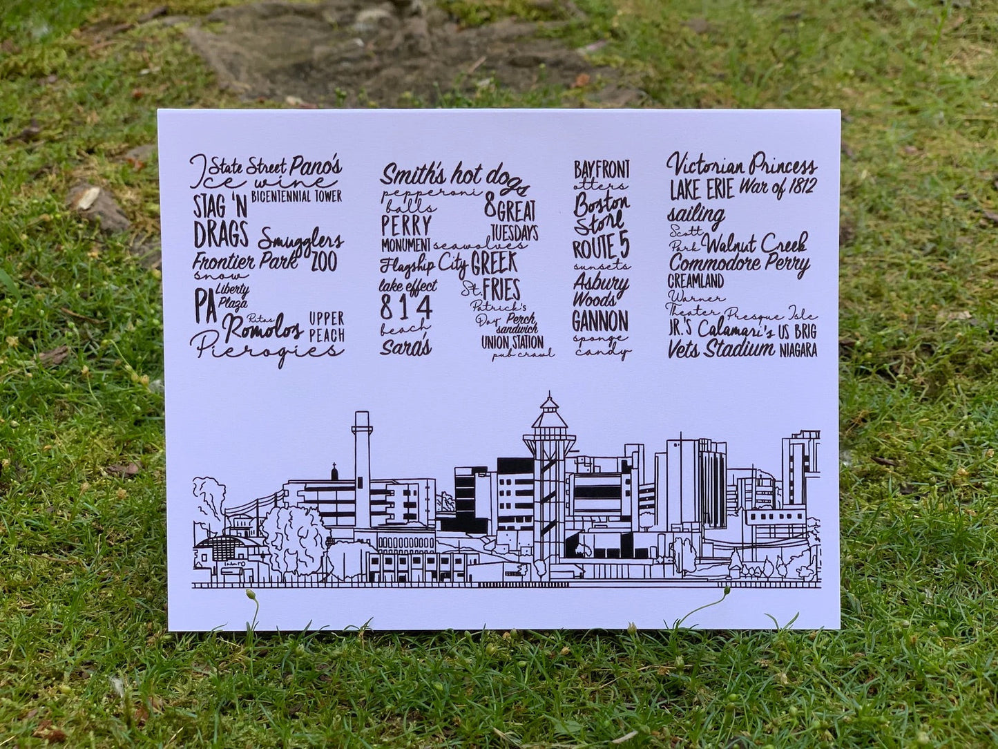 Greting card with the word Erie spelled out using names of local sites and attractions