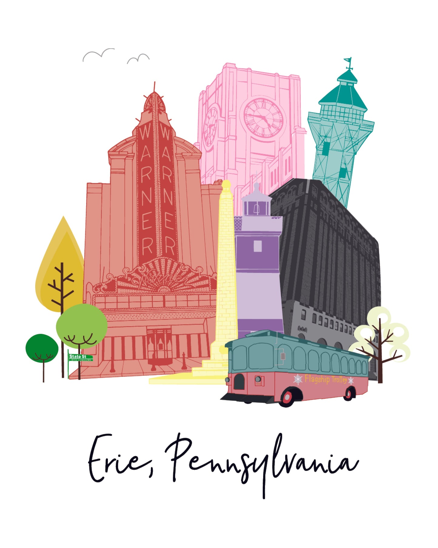 This whimsical print with soft colors highlights many downtown Erie historical buildings