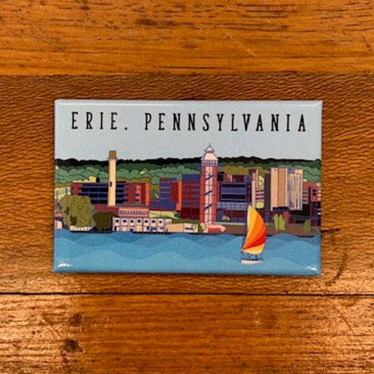 A colorful Erie skyline magnet
