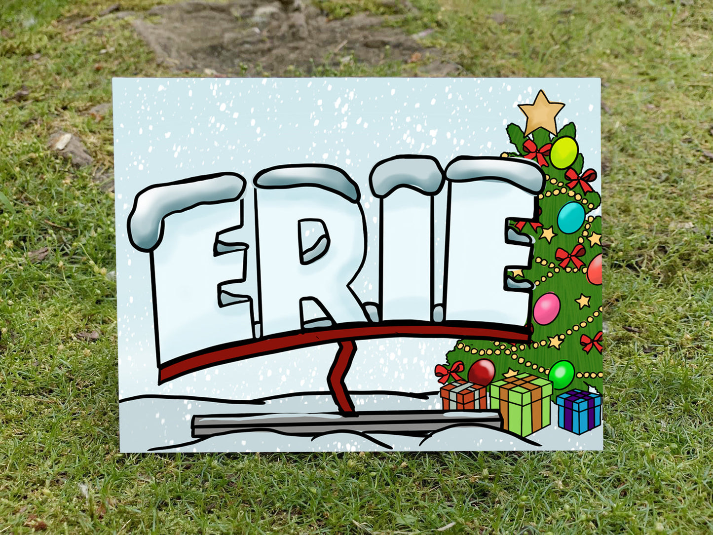 A holiday card with an illustration of the Erie sign.