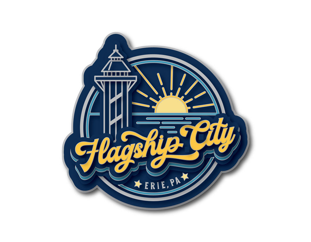 A lapel pin with a flagship city logo design