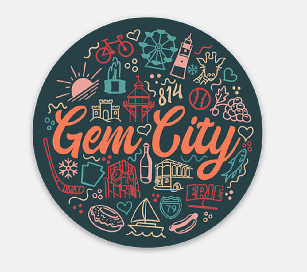 A round decal with colorful line art of popular Erie sites.