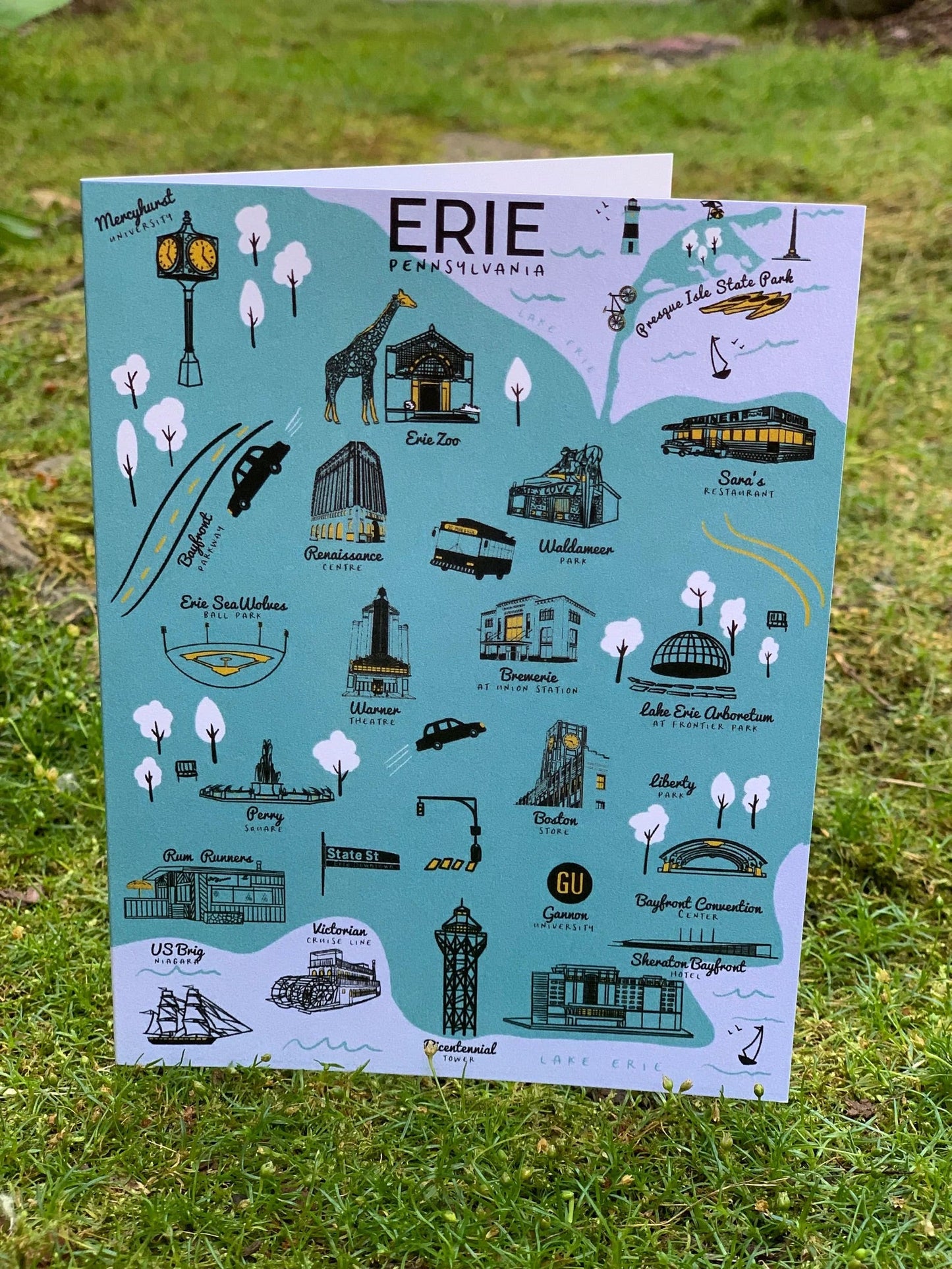 Greeting card with a playful map of the Erie area