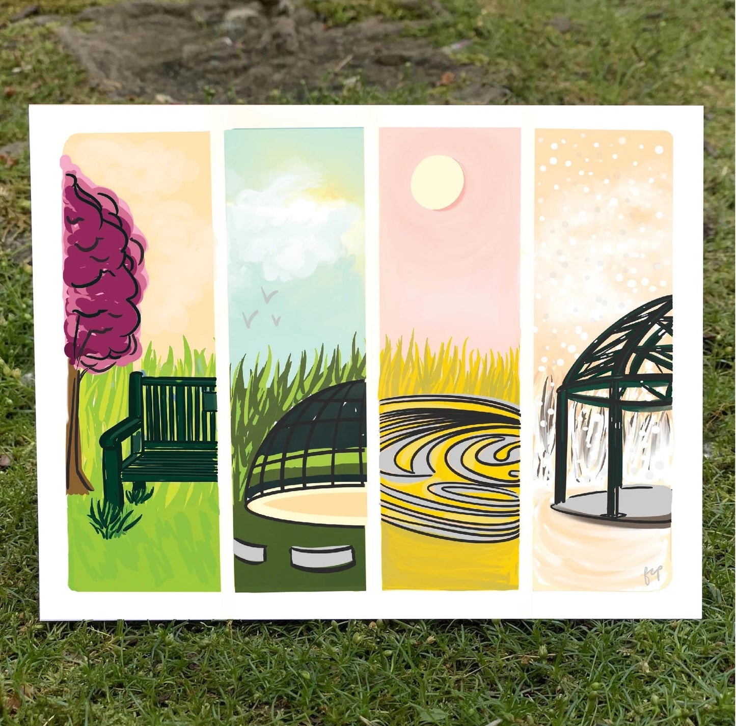 A vibrant greeting card with hand drawn illustrations.