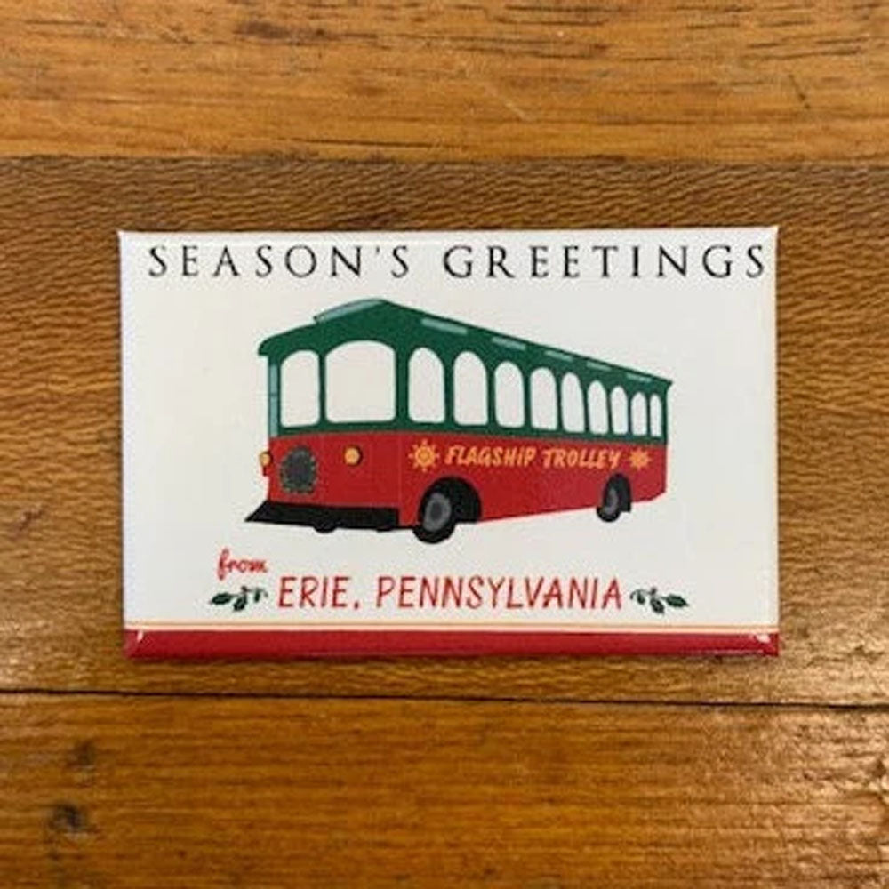 A magnet with an illustrated design of the local trolly