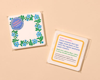 Cross Stitch Flower Vellum Coasters - Blue/Green (Set of 4) - Floral, Sewing, Craft, Made in USA - Stocking stuffer, Holiday, Gift Guide