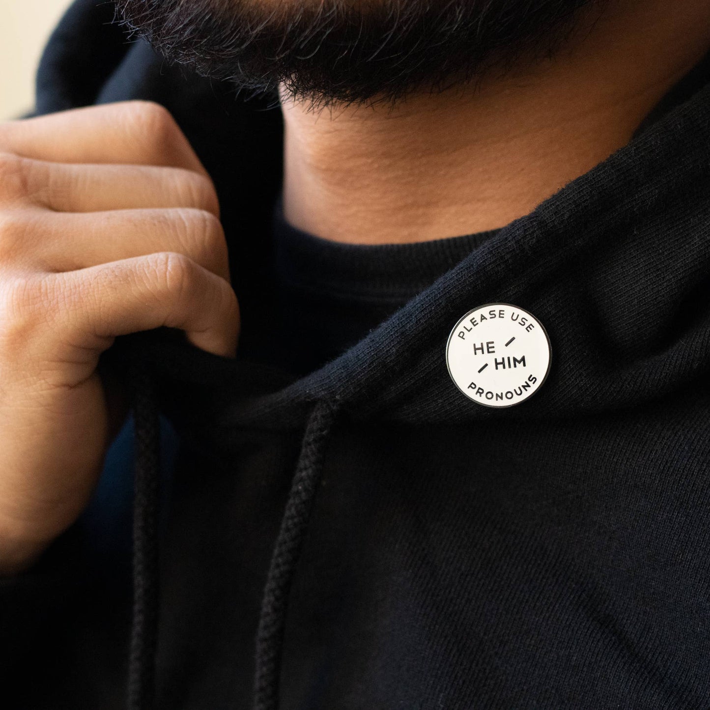 White & Black Circular Nickel Enamel Pronoun Pin: He/Him
