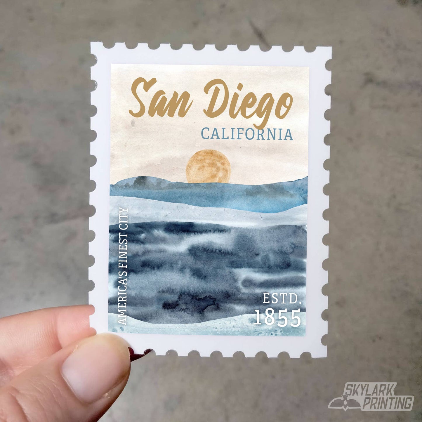 Beach Souvenir Sticker in Stamp Shape with Your City, State