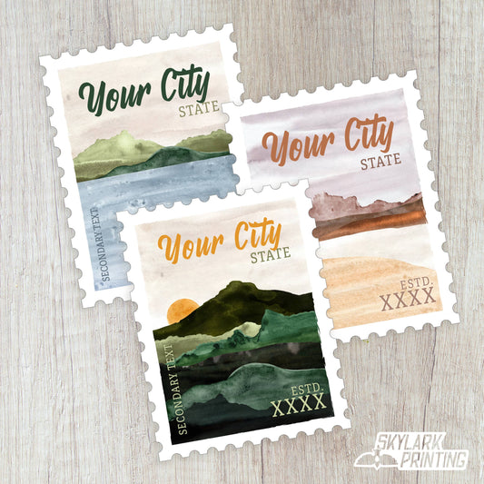 Custom Postage Stamp Souvenir Sticker with Your City, State