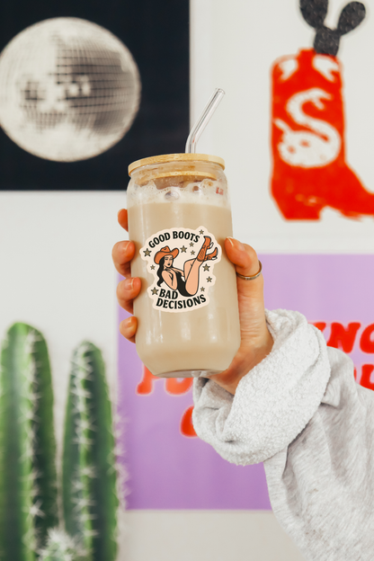 Good Boots Bad Decisions Sticker – Retro Pin-Up Cowgirl