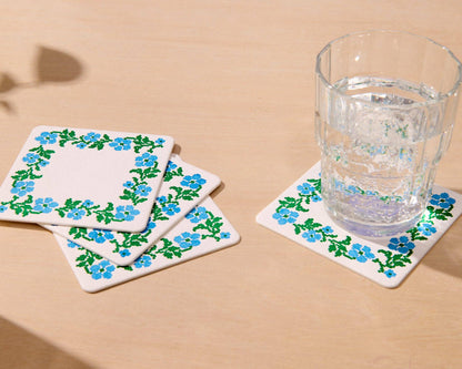 Cross Stitch Flower Vellum Coasters - Blue/Green (Set of 4) - Floral, Sewing, Craft, Made in USA - Stocking stuffer, Holiday, Gift Guide