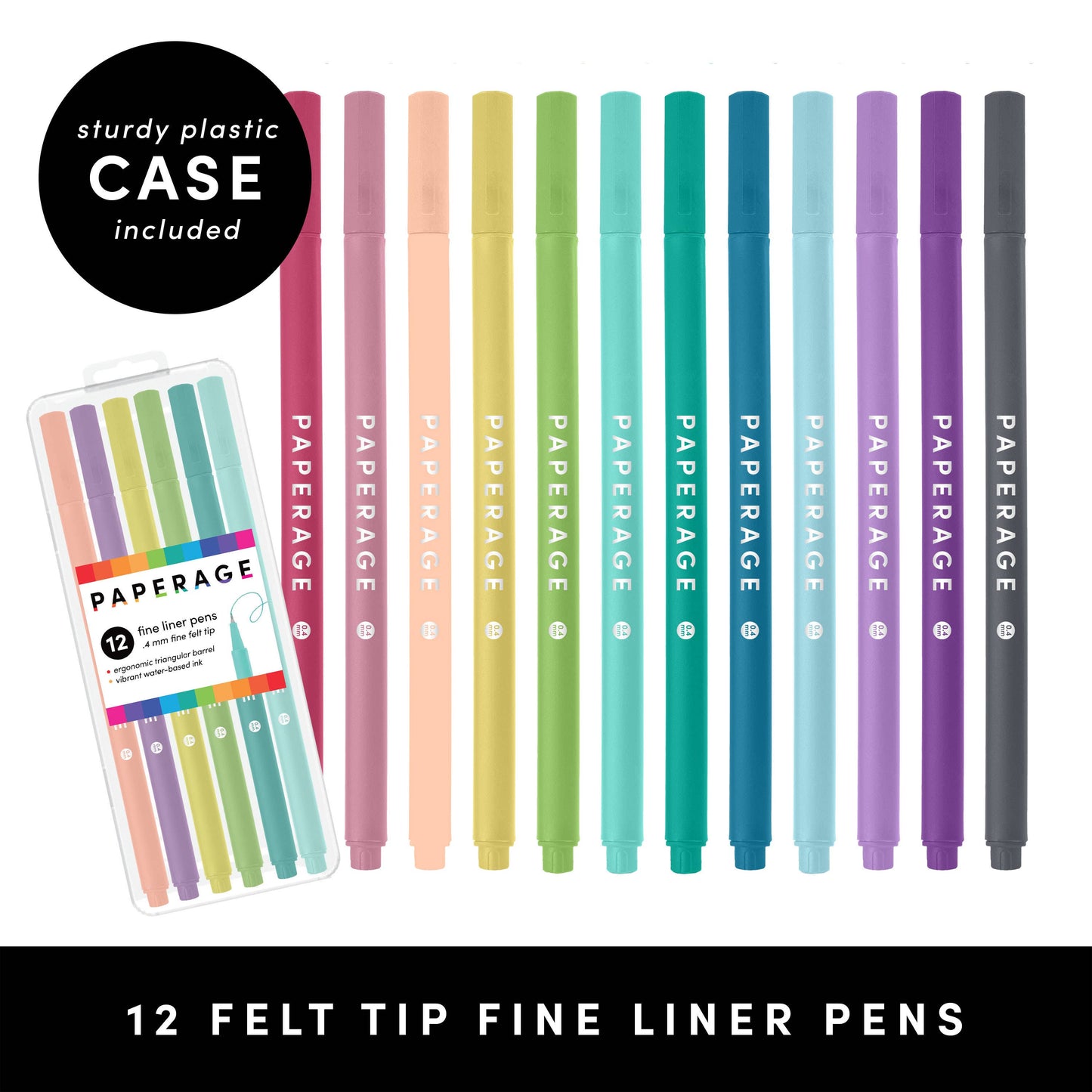12 Pack Felt Tip Fine Line Pastel Marker Pens With Case
