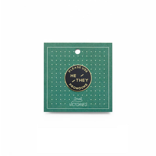 Black & Gold Circular Enamel Pronoun Pin: He/They