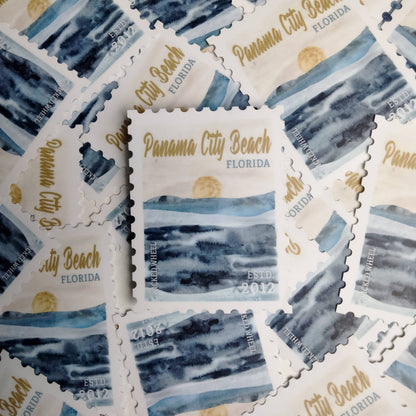 Beach Souvenir Sticker in Stamp Shape with Your City, State
