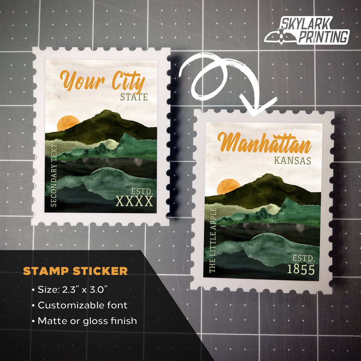 Custom Postage Stamp Souvenir Sticker with Your City, State