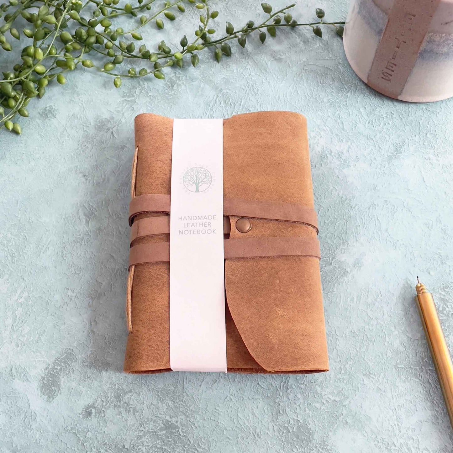 A6 Handmade Leather Notebook in Gift Bag - Tan | Tree Free