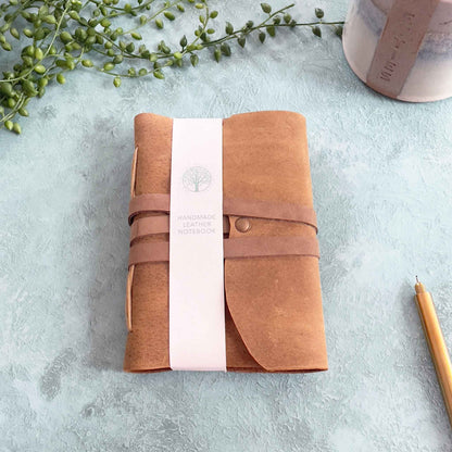 A6 Handmade Leather Notebook in Gift Bag - Tan | Tree Free
