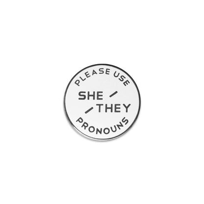White & Black Circular Nickel Enamel Pronoun Pin: She/They