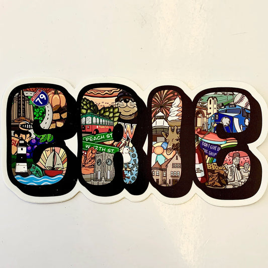 Vinyl decal with hand-illustrated art within the word "Erie"