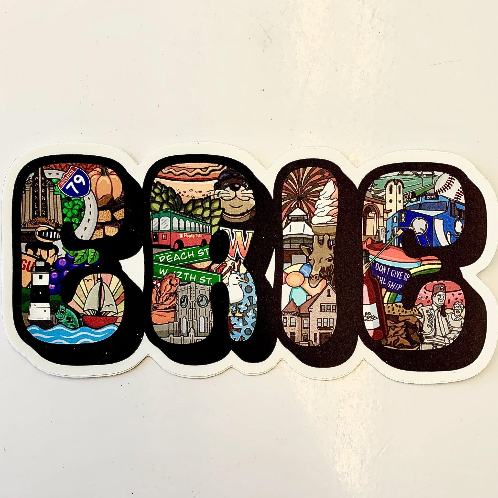 Vinyl decal with hand-illustrated art within the word "Erie"