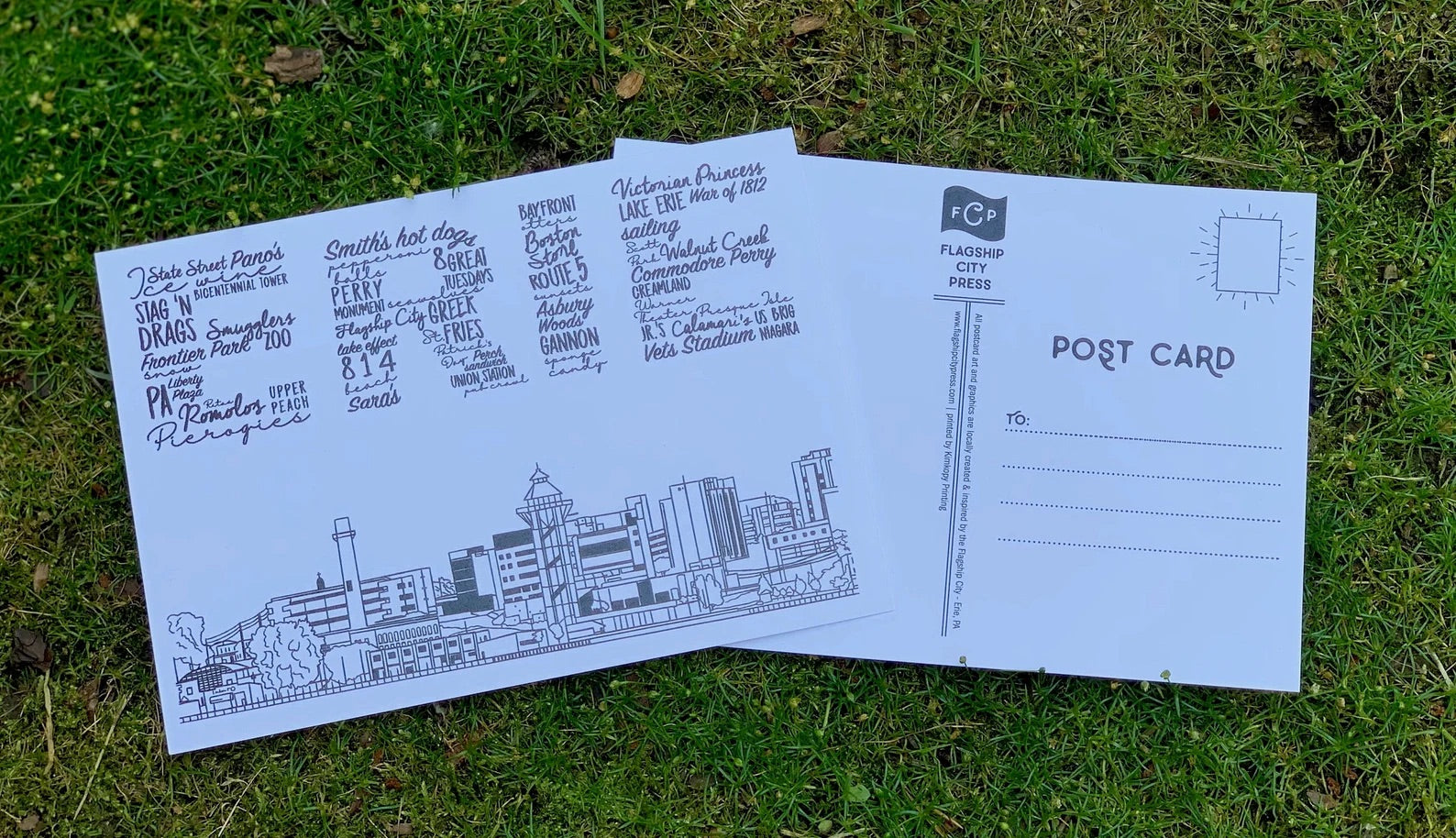 A postcard listing famous Erie attractions.