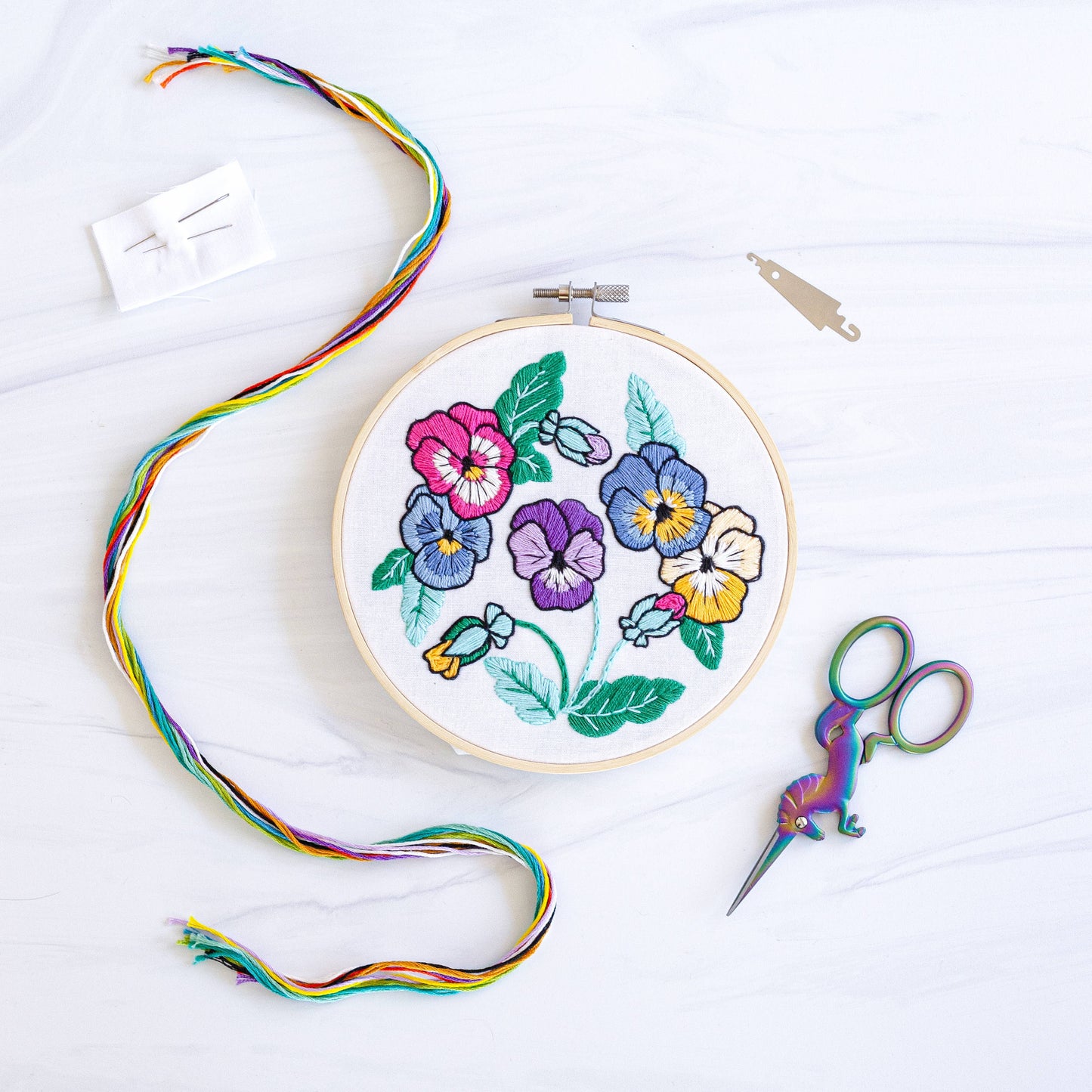 Springtime Pansies Sampler DIY PremiumEmbroidery Kit, 6 inch