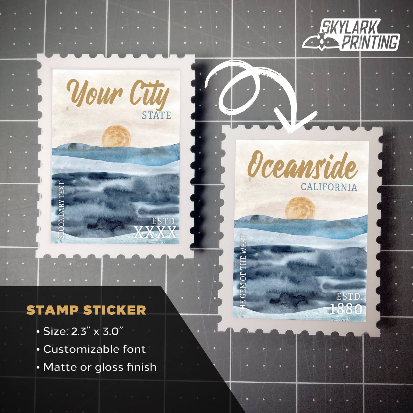 Beach Souvenir Sticker in Stamp Shape with Your City, State