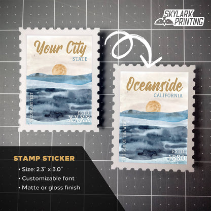Beach Souvenir Sticker in Stamp Shape with Your City, State