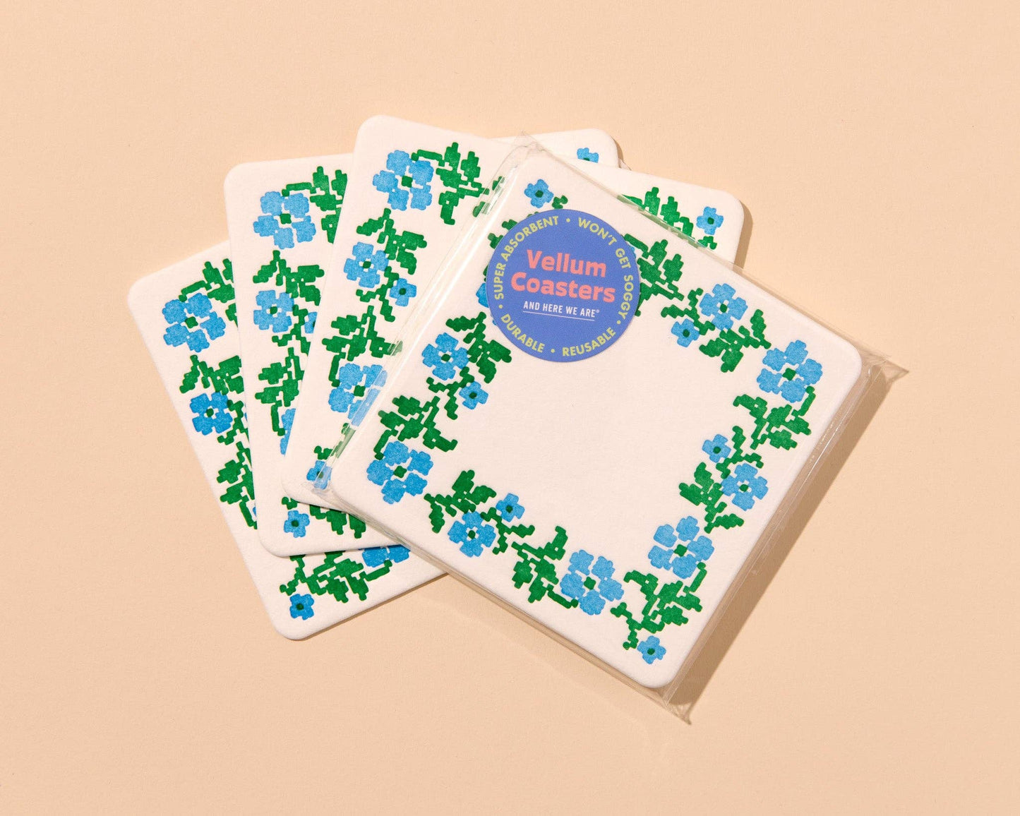Cross Stitch Flower Vellum Coasters - Blue/Green (Set of 4) - Floral, Sewing, Craft, Made in USA - Stocking stuffer, Holiday, Gift Guide