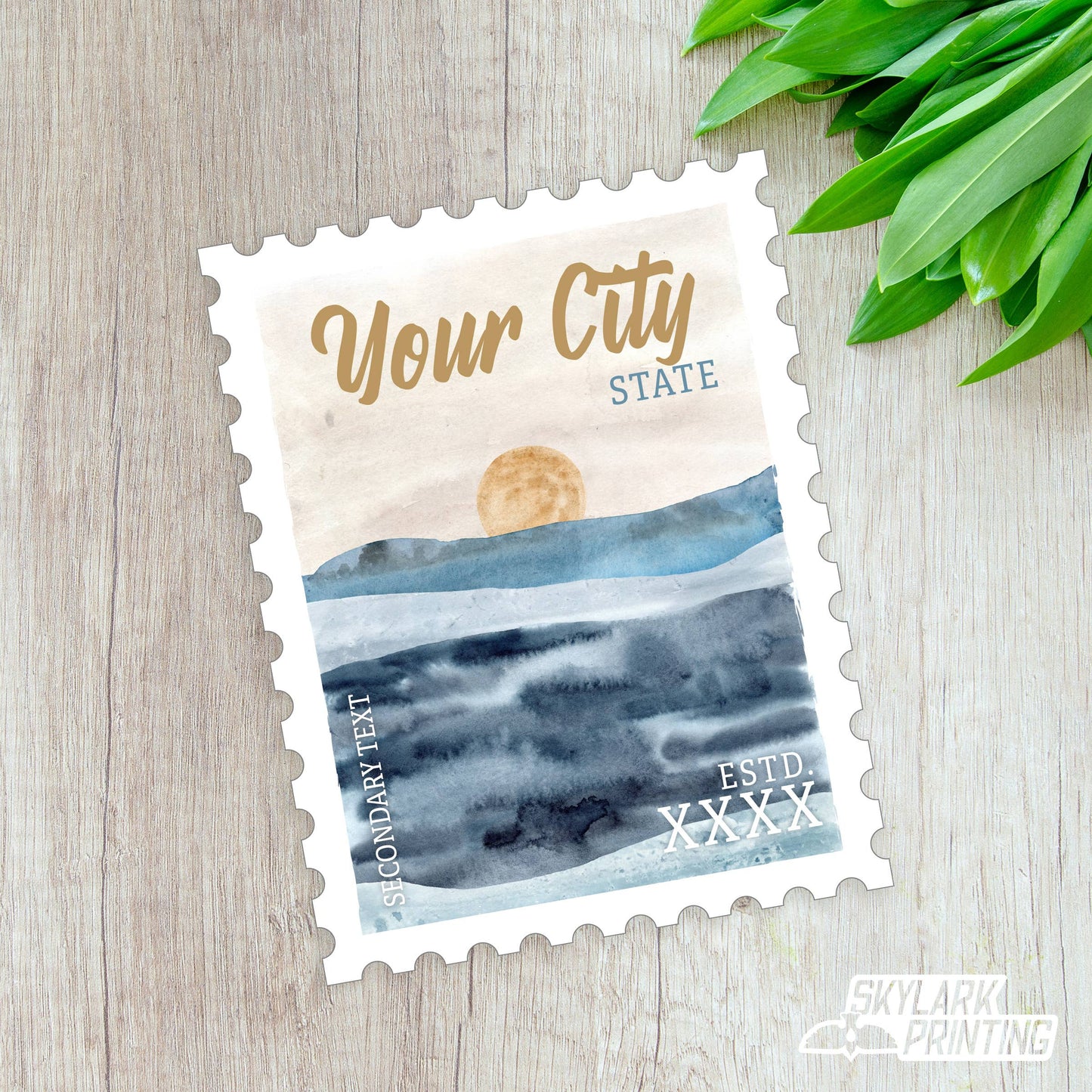 Beach Souvenir Sticker in Stamp Shape with Your City, State