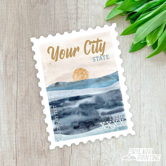 Beach Souvenir Sticker in Stamp Shape with Your City, State