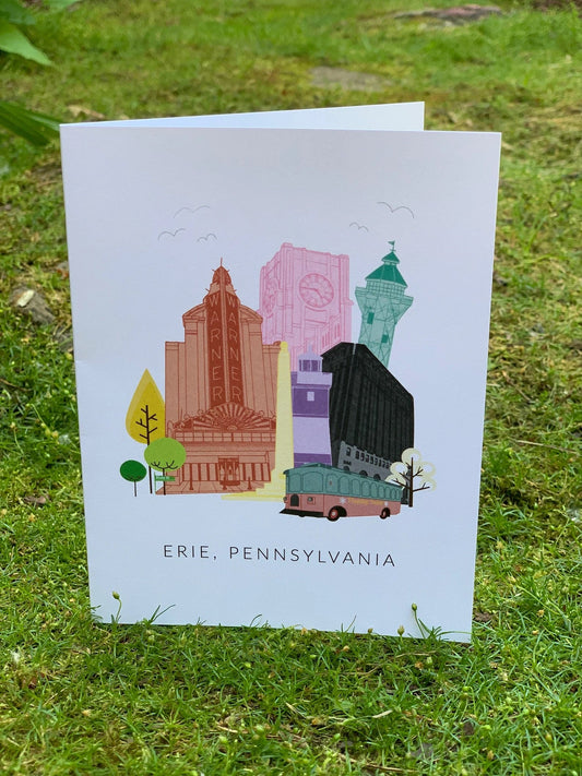 Greeting card with a whimsical drawing of downtown Erie buildings
