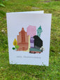 Greeting card with a whimsical drawing of downtown Erie buildings