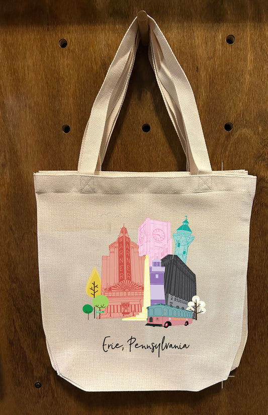 Tote bag with colorful drawing of downtown buildings