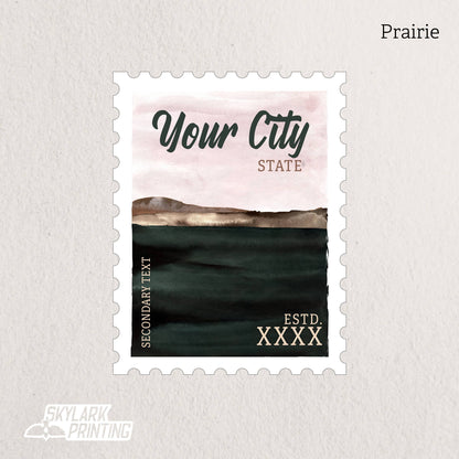 Custom Postage Stamp Souvenir Sticker with Your City, State