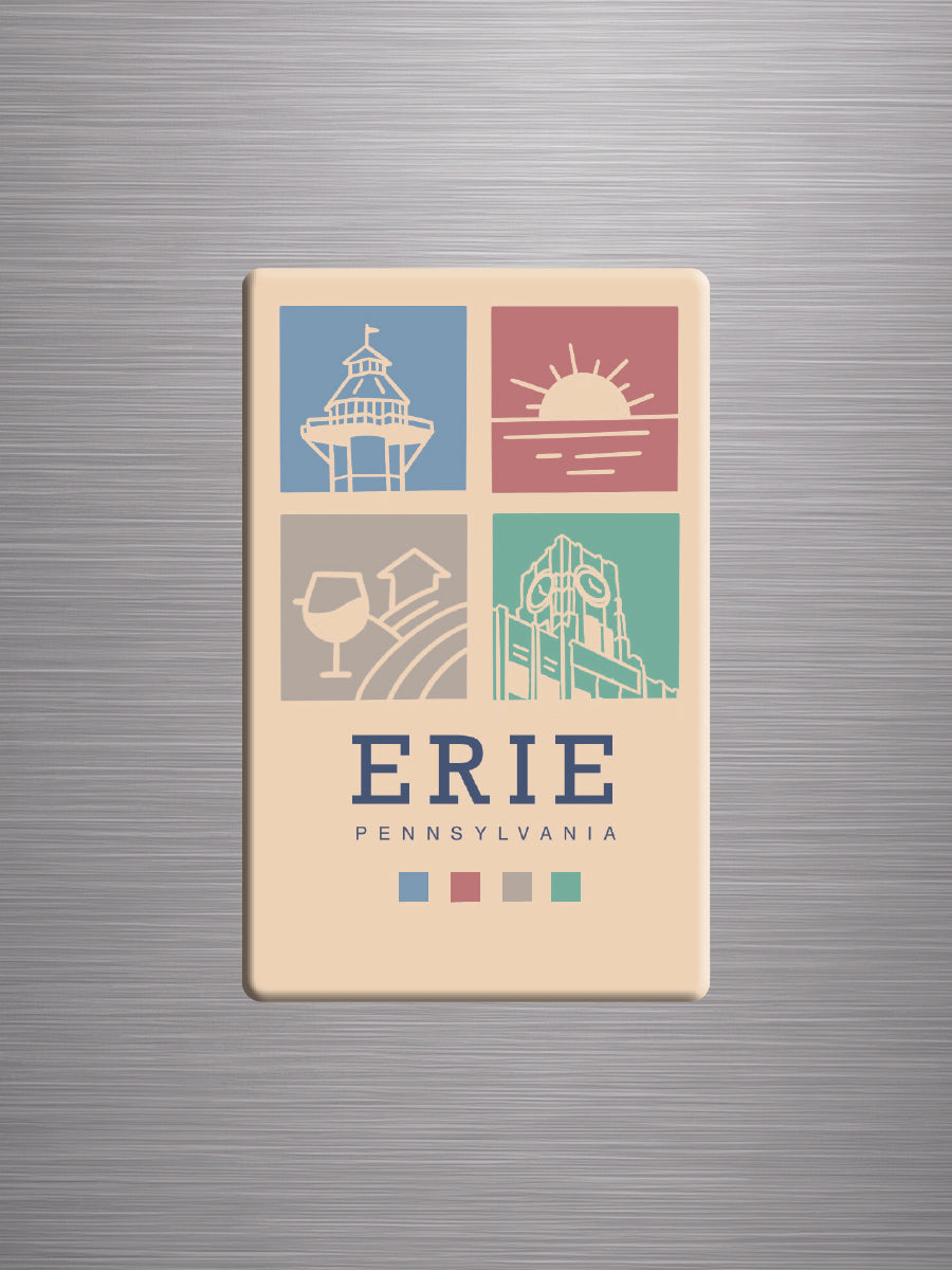 A modern magnet with designs of local Erie attractions