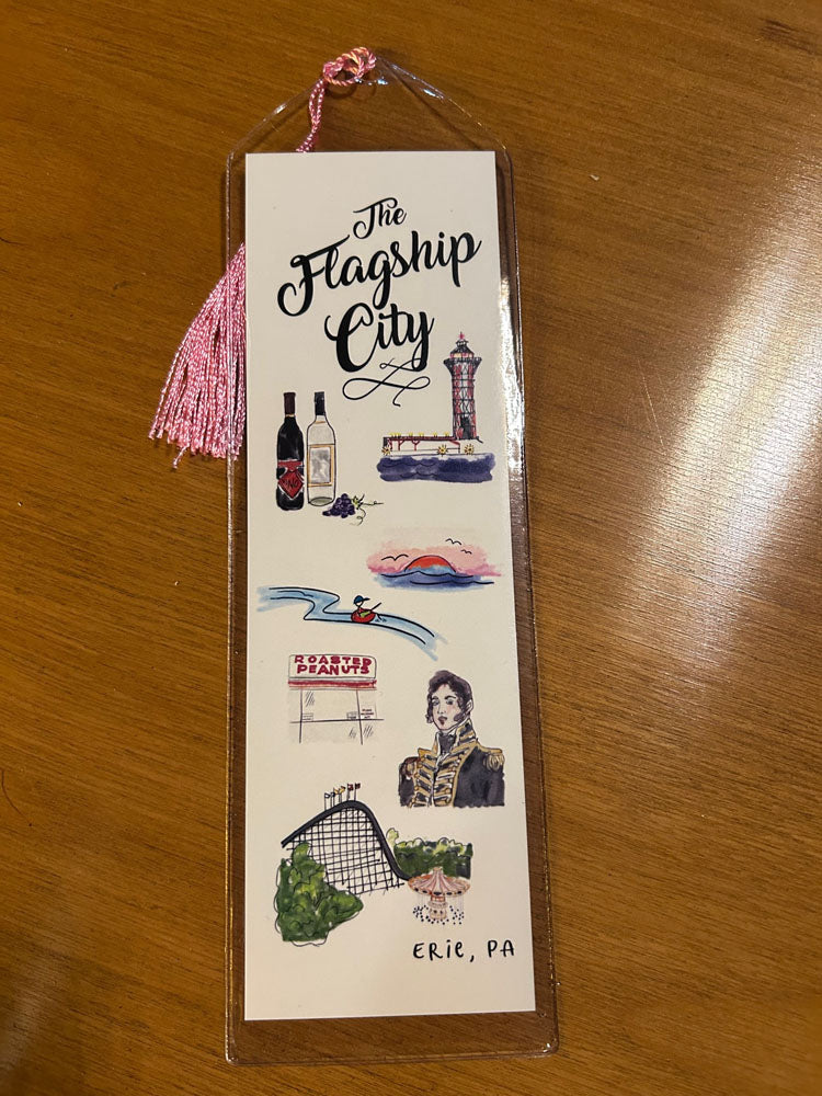 Bookmark in vinyl sleeve with with watercolor drawings of Erie sites