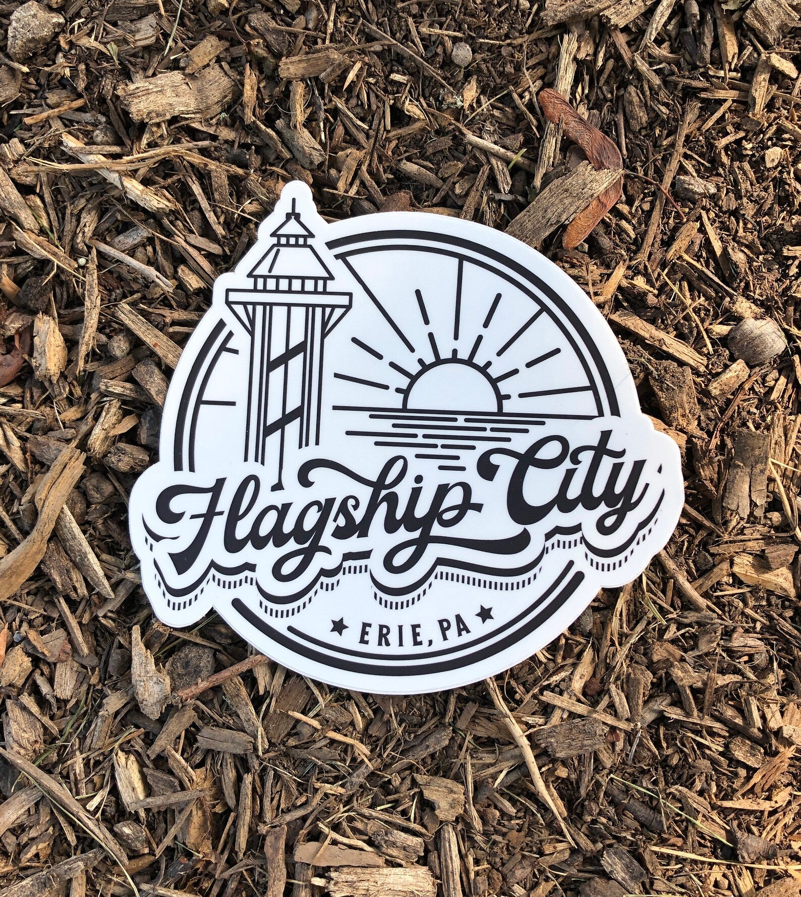 A black and white vinyl decal of the Flagship City