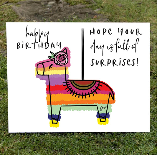A birthday card with a bright colorful drawing.