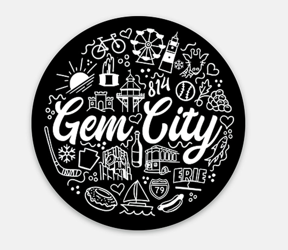 A round decal with colorful line art of popular Erie sites.