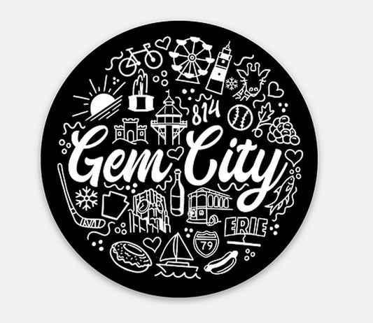 A round decal with colorful line art of popular Erie sites.