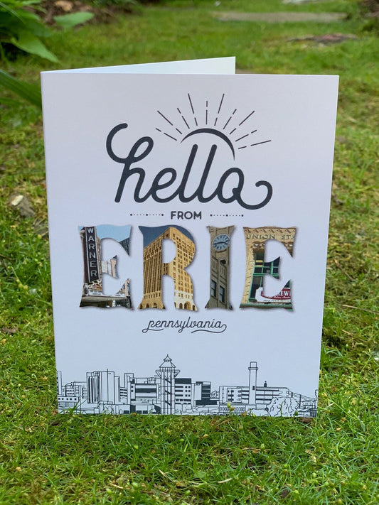 Greeting card with a big spelled out hello encasing Erie landmarks