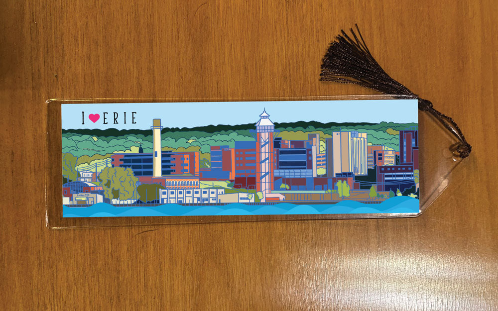 Bookmark in vinyl sleeve with colorful Erie bayfront skyline