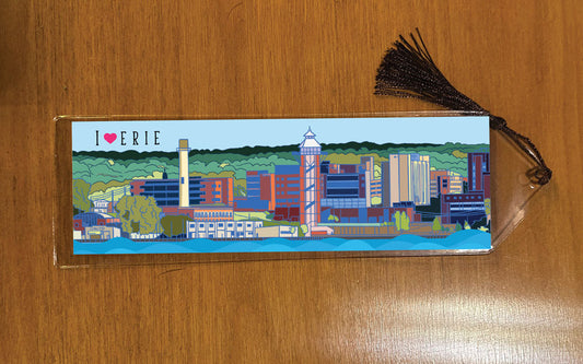 Bookmark in vinyl sleeve with colorful Erie bayfront skyline