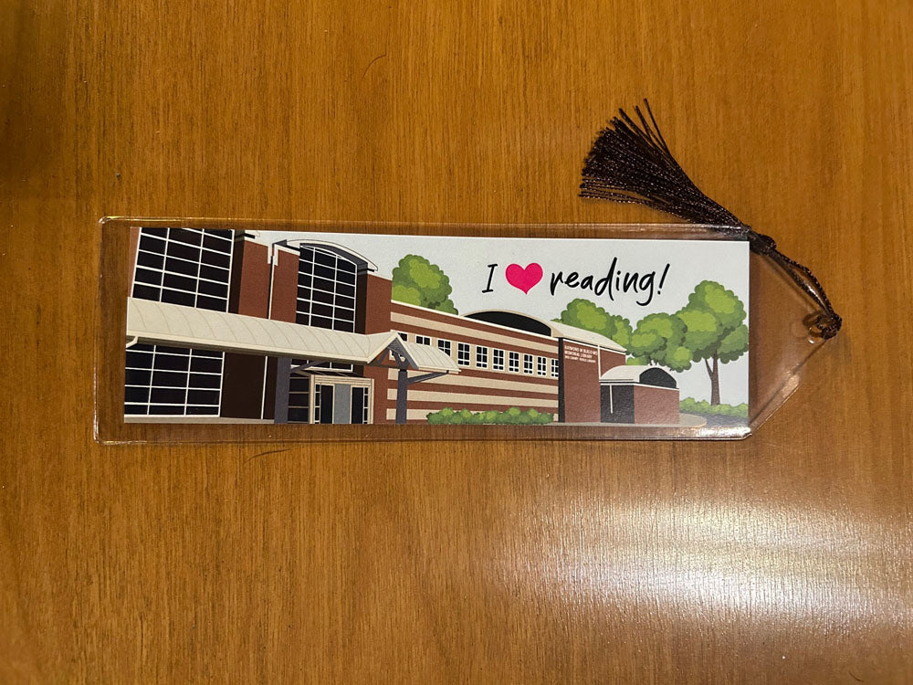 Bookmark in vinyl sleeve with a colorful design of the Blasco Library