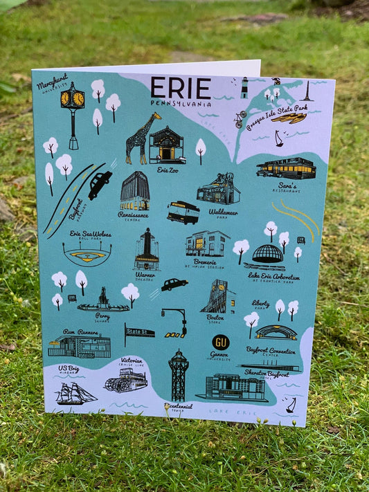 Greeting card with a playful map of the Erie area