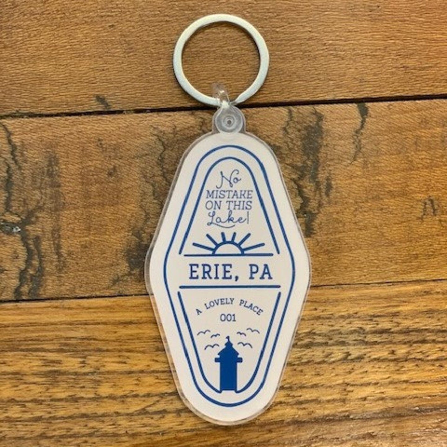 An acrylic Erie keychain