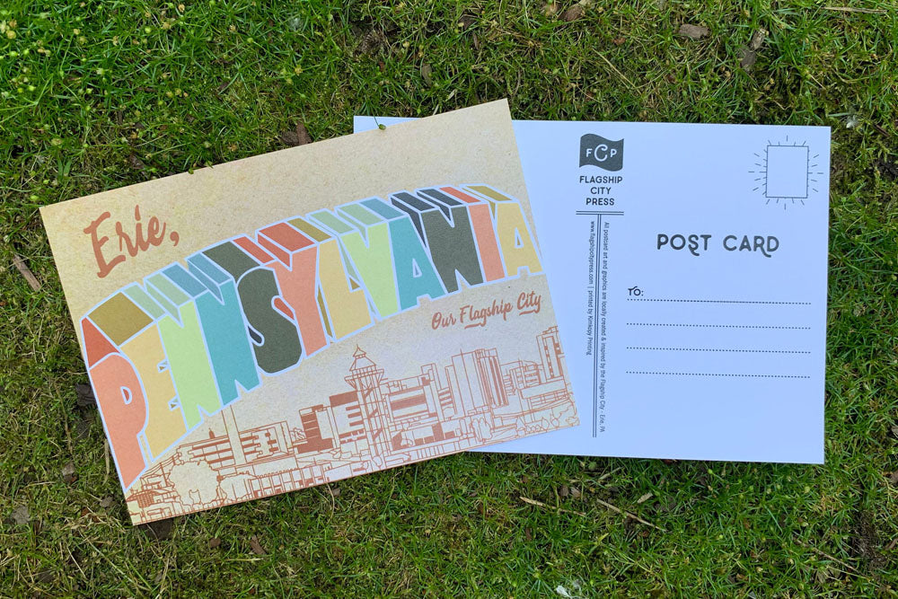 An illustrated postcard of local Erie attractions