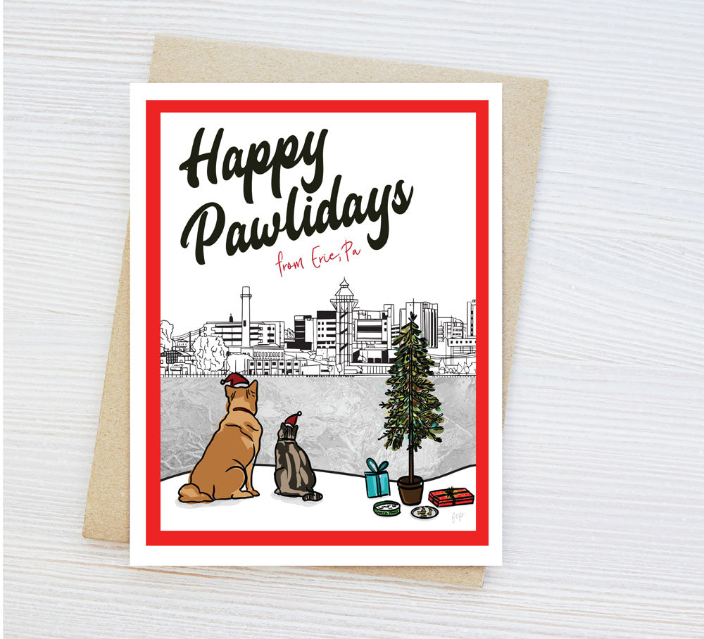 A holiday card with a fun playful pet design featuring the bay at Preque Isle.